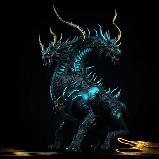 Prompt: black neon blue dragon storm beast with poison and golden details, red face, tough black skin, electric lighting black scales, elegant, pose, magical, big, 4K resolution, artstation, highly detailed, artgerm, by wlop, volumetric lighting, octane render, trending on artstation, masterpiece, fantastic, powerful, scary, intimidating, terrifying, imposing