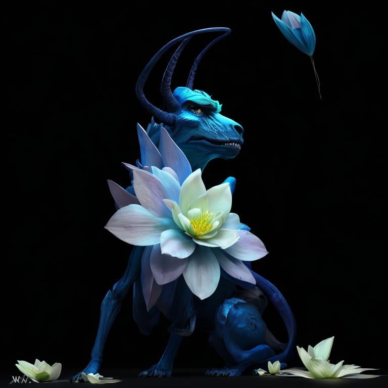 Prompt: blue elegant and peaceful beast with flower petals around his neck, green antennas, rare, elegant, pose, magical, huge, 4K resolution, artstation, highly detailed, artgerm, by wlop, volumetric lighting, octane render, trending on artstation, masterpiece, fantastic, powerful, scary, intimidating, terrifying