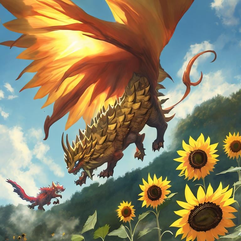 Prompt:  Sunflower dragon beast, flying