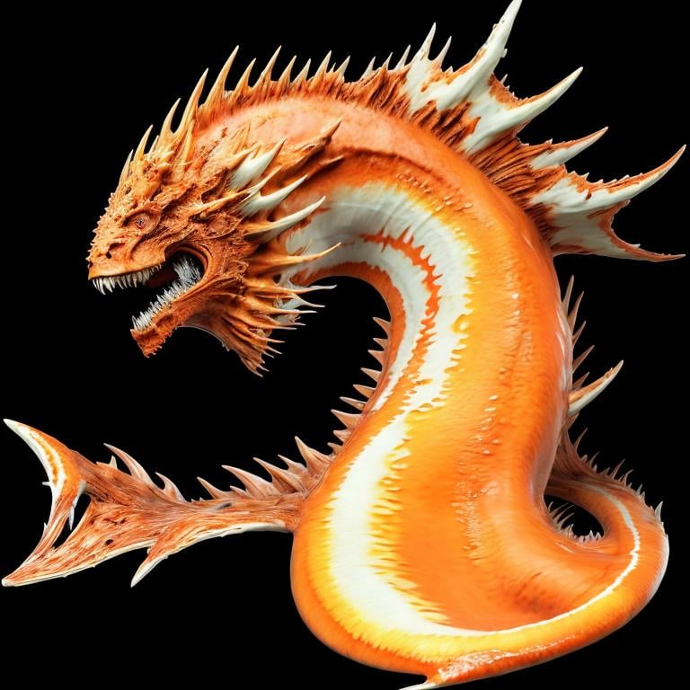 Prompt: orange red ocean beast with orange scales mane, intimidating face, white fins, a bit of ocean style, wildness, fierceness, fangs, ocean beast tail, imposing pose, violent, magical, big, 4K resolution, artstation, highly detailed, artgerm, by wlop, volumetric lighting, octane render, trending on artstation, masterpiece, fantastic, powerful, scary, intimidating, terrifying