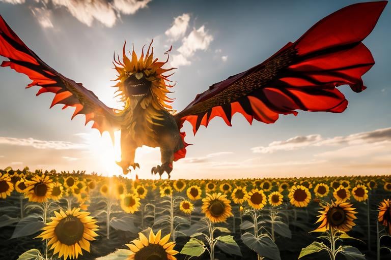 Prompt: red Sunflower dragon flying over the sunflower forest