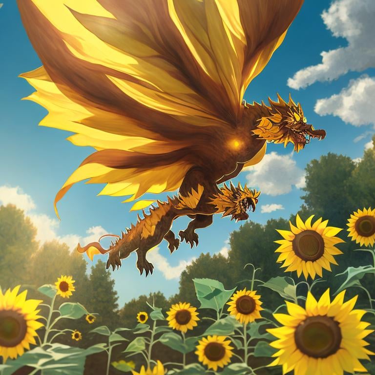 Prompt:  Sunflower dragon beast, flying over the sunflower forest