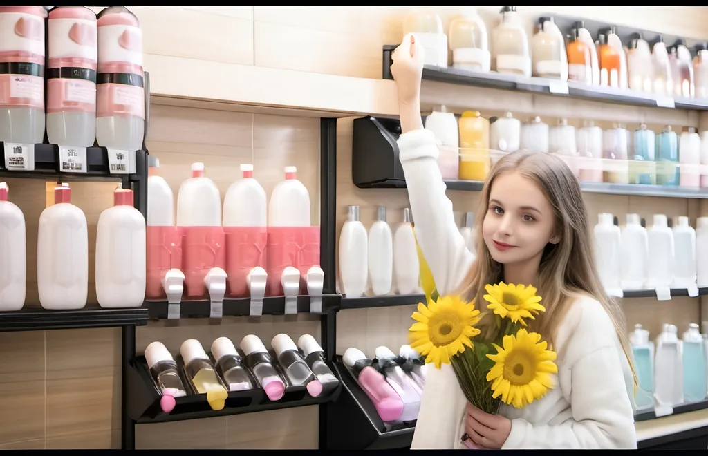 Prompt: girl in the food dispensers store. Instead of food is shampoo and beauty products