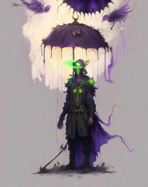 Prompt: A plague sunflower doctor with a purple wizard robes as a d & d character, elegant old clothes behind the robe, magical, purple higlights, hip hop concept aesthetic, purple evil aura, concept sheet, painting by gaston bussiere, dramatic lighting, purple lighting, toxic poisonous purple parasol, toxic, poison, doctor, neon green details in the head and in the shoulders