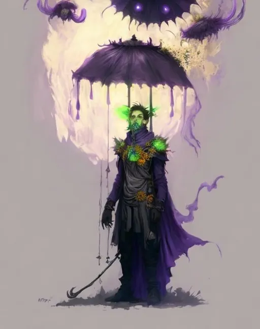 Prompt: A plague sunflower doctor with a purple wizard robes as a d & d character, elegant old clothes behind the robe, magical, purple higlights, hip hop concept aesthetic, purple evil aura, concept sheet, painting by gaston bussiere, dramatic lighting, purple lighting, toxic poisonous purple parasol, toxic, poison, doctor, neon green details in the head and in the shoulders