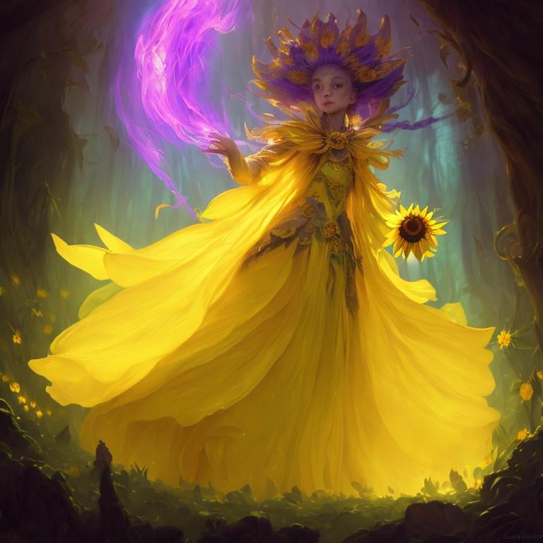 Prompt: Sunflower aristocrat lady with yellow dress as a d & d character, yellow robe, magical, pink, green dark forest higlights, magic concept aesthetic, purple and yellow mistery aura, concept sheet, painting by gaston bussiere, dramatic lighting, yellow lighting, little sunflower in her hand, interesting, yellow aura, legends, elegant, sunflower face, flamethrower in her back throwinf fire up, atmosphere like a forest fire