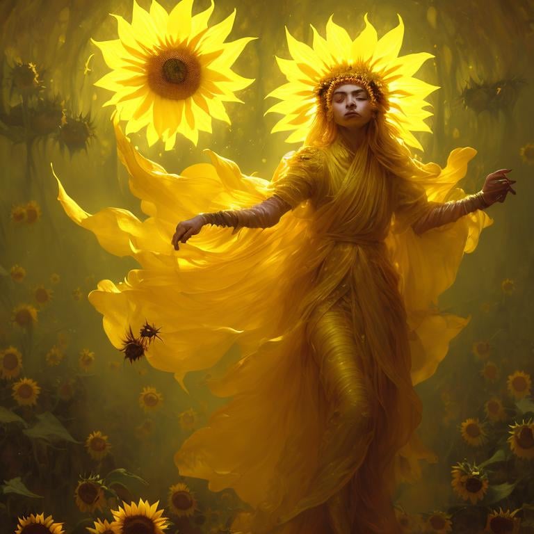 Prompt: Sunflower lady with a yellow robes as a d & d character, yellow robe, magical, golden higlights, magic concept aesthetic, golden mistery aura, concept sheet, painting by gaston bussiere, dramatic lighting, yellow lighting, little sunflowers, interesting, sunflower face, yellow aura, legends, elegant, sunflower face, arcane