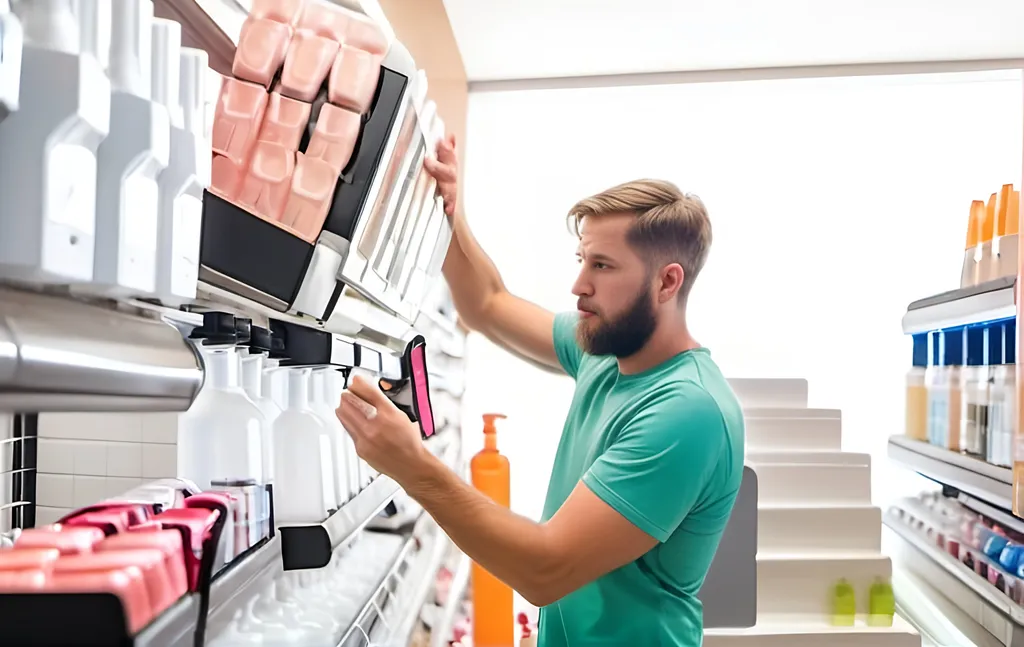 Prompt: white man in the food dispensers store. Instead of food is shampoo and beauty products