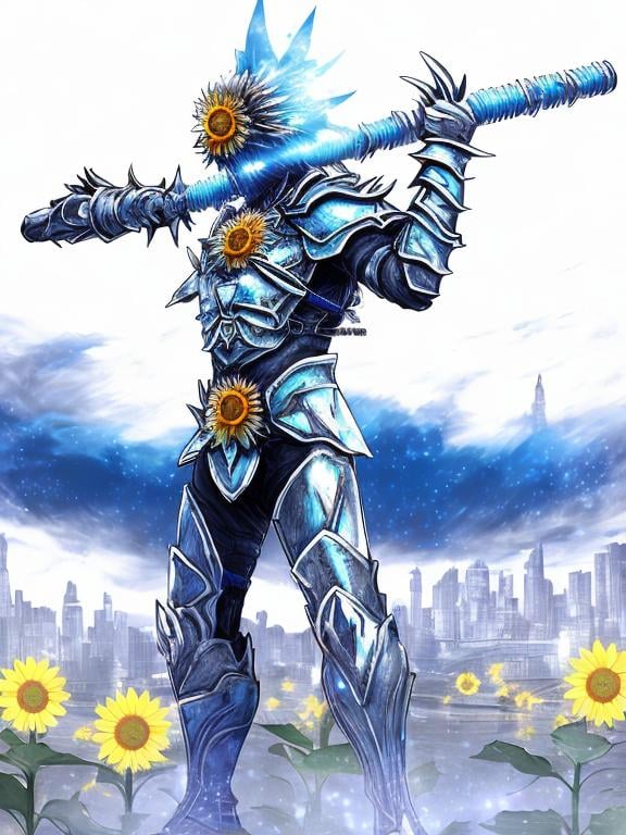 Prompt: Sunflower magic man warrior, blue highlights, electric, blue neon thunder sunflower, silver and blue light, techno, detailed, silver blue armor, magic mist, the warrior is in a silver bridge in a blue city highlights with sunflowers in the river, blue air essence, blue sunflower bazooka, war