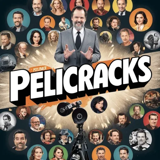 Prompt: A |vibrant and eye-catching promotional image for a page  called "Pelicracks." The central focus is the name "Pelicracks" written in bold, stylized letters, with a mix of movie reels and crackling sparks behind it. Surrounding the name are various pop culture icons, including characters from iconic movies and TV shows. These characters are arranged in a dynamic and energetic layout, each one with a unique and engaging expression. The overall tone of the image is playful and nostalgic, inviting followers to explore the world of Pelicracks and enjoy a mix of classic and modern entertainment. 