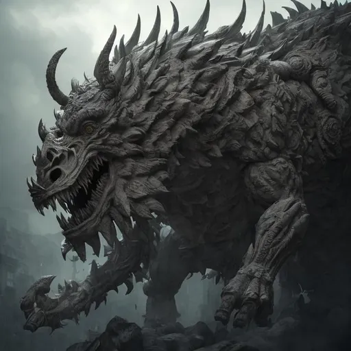 Prompt: White and gray stone beast, sunflowers, green face, fangs, open wings, 4K resolution, artstation, highly detailed, artgerm, by wlop, volumetric lighting, octane render, trending on artstation, masterpiece, fantastic, powerful, scary, intimidating, cinematic, dark fantasy, artstation, highly detailed, artgerm, by wlop, volumetric lighting, octane render, trending on artstation, masterpiece, fantastic, powerful, scary, intimidating, terrifying