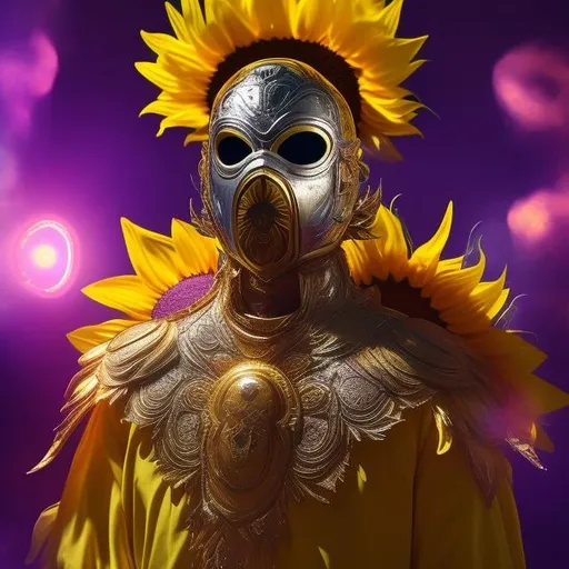 Prompt: Sunflower king, golden clothes, silver mask in the face, green lighting, purple highlights, yellow aura, concept, majestic, small sunflowers