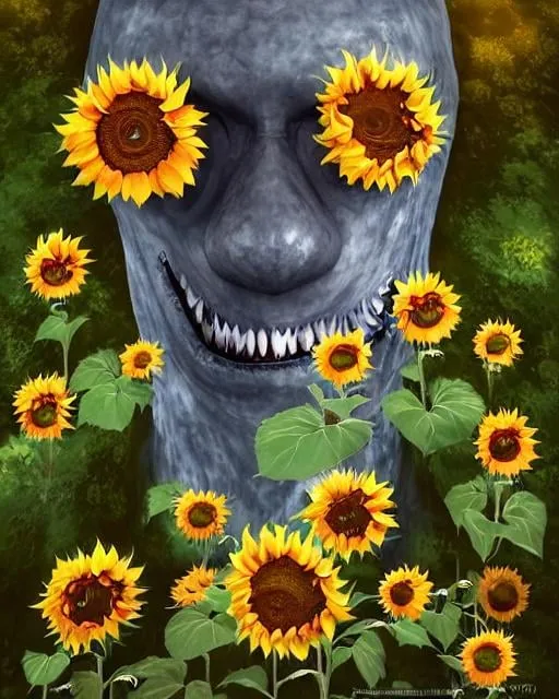 Prompt: Sunflower creepy golem, climbing dark plants, black and red highlights, golden sunflower, magical, abandoned golem in the forest, sunflowers, Picasso style, 4K resolution, artstation, highly detailed, artgerm, by wlop, volumetric lighting, octane render, trending on artstation, masterpiece, fantastic, silver chains, evil, dark vibes, fantastic, scary