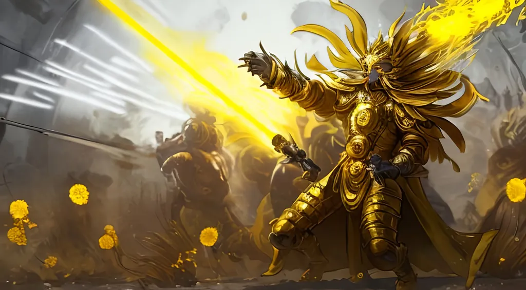 Prompt: Sunflower jailer, golden yellow clothes, yellow highlights, yellow lights, golden yellow robe, golden and silver belt, sunflowers with yellow aura, concept, silver and golden vest, detailed, yellow golden bazooka, blonde hair, machine gun, tank, crossbow, fire, war, smoke