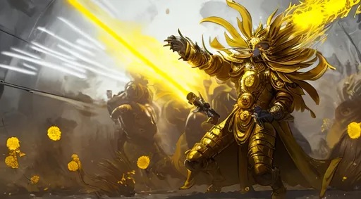 Prompt: Sunflower jailer, golden yellow clothes, yellow highlights, yellow lights, golden yellow robe, golden and silver belt, sunflowers with yellow aura, concept, silver and golden vest, detailed, yellow golden bazooka, blonde hair, machine gun, tank, crossbow, fire, war, smoke