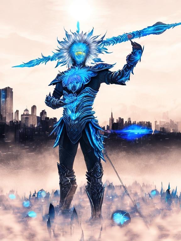 Prompt: Sunflower magic man warrior, blue highlights, electric, blue neon thunder sunflower, silver and blue light, techno, detailed, silver blue armor, magic mist, the warrior is in a silver bridge in a blue city highlights with sunflowers in the river, blue air essence, blue sunflower bazooka, war