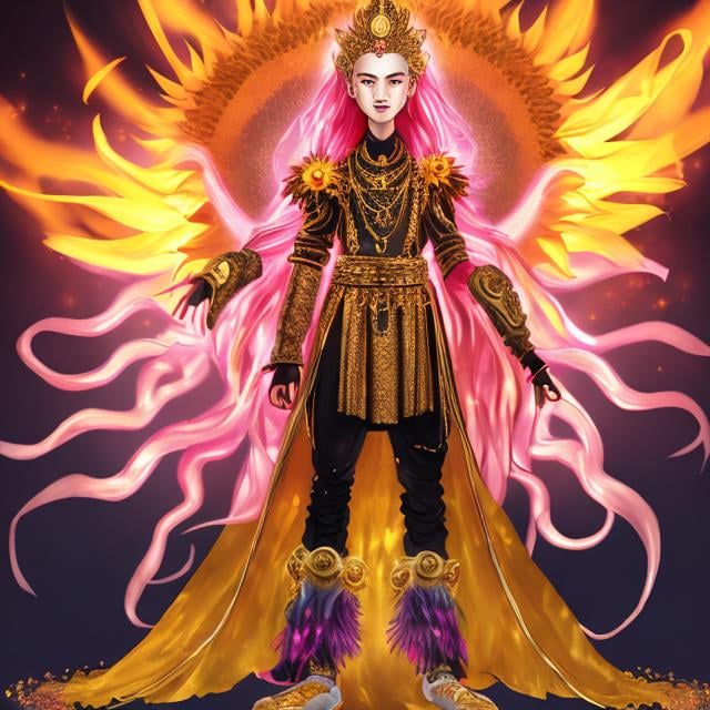 Prompt: Sunflower jailer, golden clothes, red highlights, black lights, pink robe, golden and silver chains, sunflowers with pink fire aura, concept, silver and golden details, pink belt, detailed, pink hair