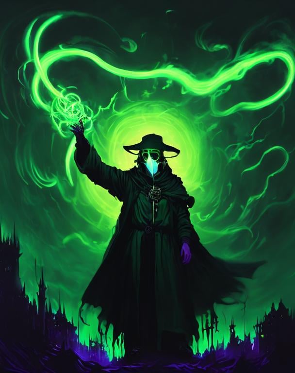 Prompt: A plague sunflower doctor with a dark green wizard robes as a d & d character, green robe, merchant, magical, green neon higlights, hip hop concept aesthetic, green evil aura, concept sheet, painting by gaston bussiere, dramatic lighting, purple lighting, long neon green whip, toxic, poison, doctor, neon dark green atmosphere