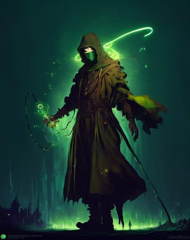 Prompt: A plague sunflower doctor with a dark green wizard robes as a d & d character, green robe, merchant, magical, green neon higlights, hip hop concept aesthetic, green evil aura, concept sheet, painting by gaston bussiere, dramatic lighting, purple lighting, neon green whip, toxic, poison, doctor, neon dark green atmosphere