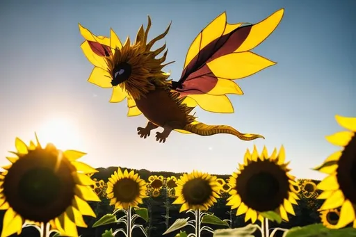 Prompt: Sunflower dragon flying over the sunflower forest