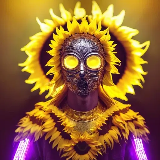 Prompt: Sunflower king, golden clothes, silver mask in the face, green lighting, purple highlights, yellow aura, concept, majestic, small sunflowers