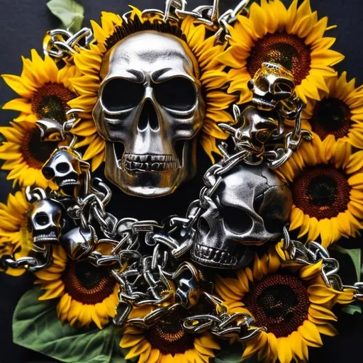 Prompt: Sunflower man jailer, small skulls with sunflowers, silver chains, golden dust, green highlights, golden light, golden clothes, evil eyes, dark aura, scary 