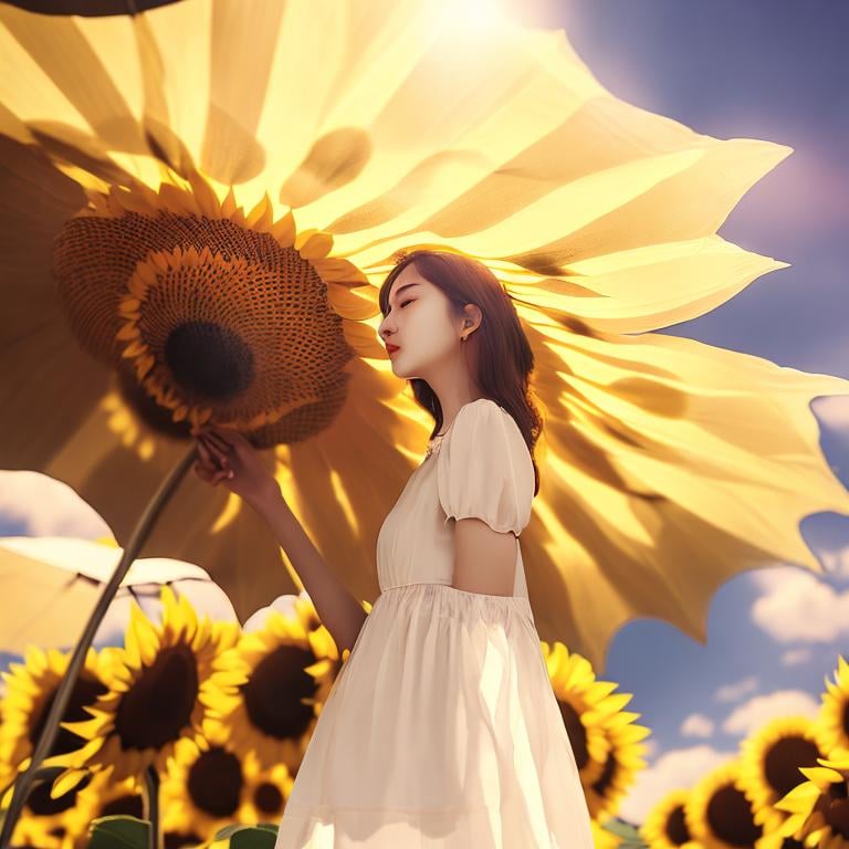 Prompt:  Sunflower lady, elegant, sunflower parasol, afternoon, non realistic
