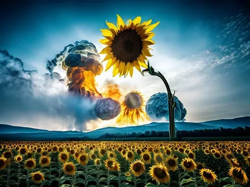 Prompt: massive sunflower explossion in the world, Atomic disaster, HD quality, golden smoke, catastrophe