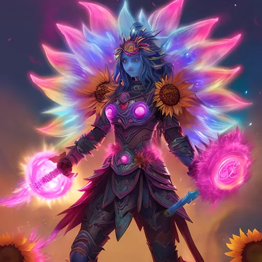 Prompt: Sunflower magic man warrior, blue highlights, mystic, pink neon thunder sunflower, pink fire light, detailed, metal pink armor, magic mist, the warrior is in a pink valley highlights with pink sunflowers in the valley, pink air essence, pink sunflower lantern, war, pink flamethrower sunflower 