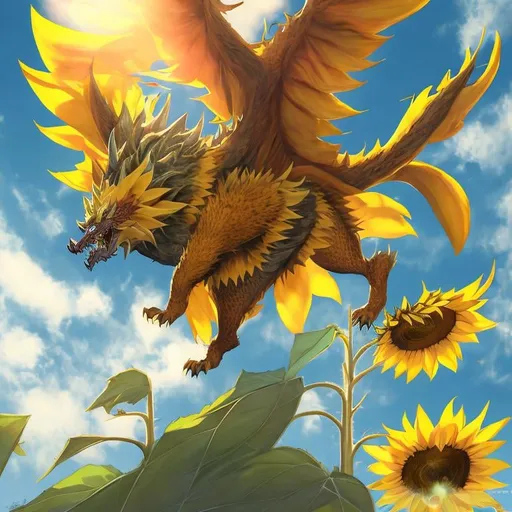 Prompt:  Sunflower dragon beast, flying over the sunflower forest