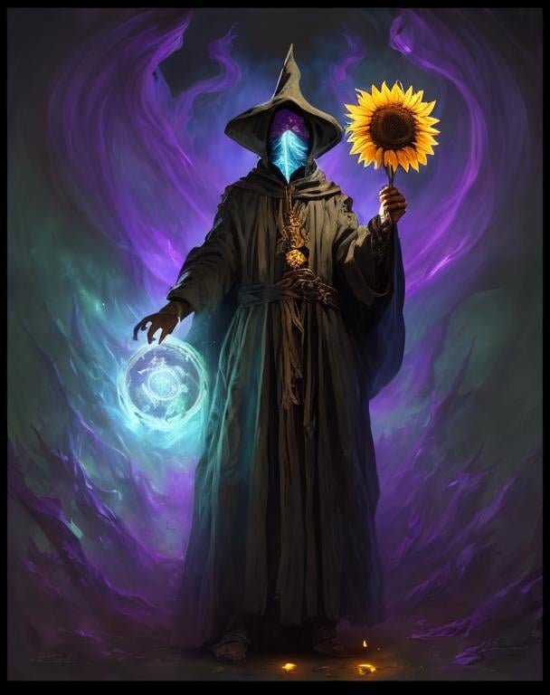 Prompt: A plague sunflower doctor with a blue wizard robes as a d & d character, blue robe, magical, blue higlights, hip hop concept aesthetic, purple evil aura, concept sheet, painting by gaston bussiere, dramatic lighting, purple lighting, evil sunflowers, toxic, poison, doctor