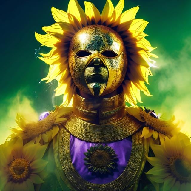 Prompt: Sunflower king, golden clothes, silver mask in the face, green lighting, purple highlights, yellow aura, concept, majestic, small sunflowers