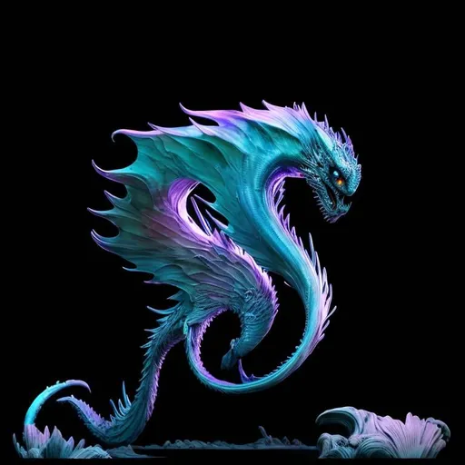 Prompt: light blue beast with a long white tail, blue peacful face, wing like ocean waves, water vibes, flying creature, little purple lines in his neck, a bit of ocean style, wildness, imposing, peaceful creature, wavy tail, imposing pose, serious face beast, magical, big, 4K resolution, artstation, highly detailed, artgerm, by wlop, volumetric lighting, octane render, trending on artstation, masterpiece, fantastic, powerful, scary, intimidating, terrifying