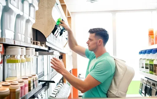 Prompt: white man in the food dispensers store. Instead of food is shampoo and beauty products