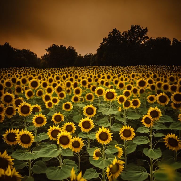 Prompt: Garden of golden statues in the middle of a sunflower field, Yellow and golden highlights, afternoon atmosphere, isolated, wildness, loneliness, mysterious, terrifying vibes