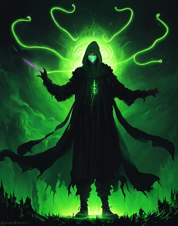 Prompt: A plague sunflower doctor with a dark green wizard robes as a d & d character, green robe, merchant, magical, green neon higlights, hip hop concept aesthetic, green evil aura, concept sheet, painting by gaston bussiere, dramatic lighting, purple lighting, long neon green whip, toxic, poison, doctor, neon dark green atmosphere