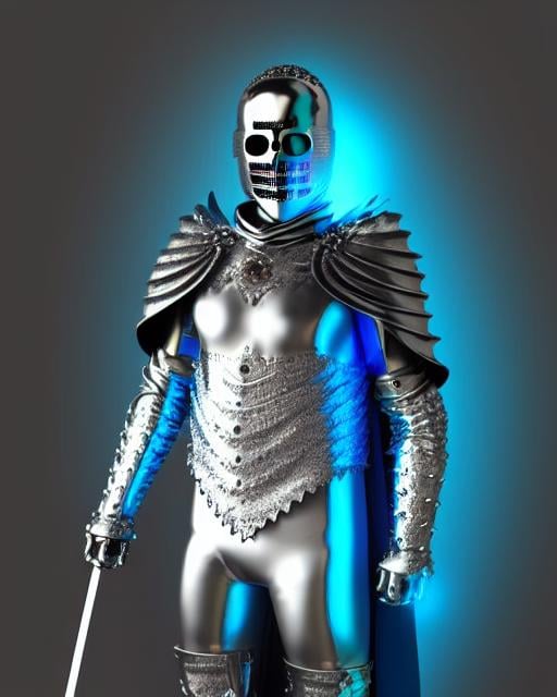 Prompt: Sunflower knight man, silver armor, blue highlights, silver lights, blue robe, light blue and silver chains, sunflowers with blue electric aura, concept, silver and blue plague mask, skull belt, detailed, blue escence sword, 4K resolution, artstation, highly detailed, artgerm, by wlop, volumetric lighting, octane render, trending on artstation, masterpiece, golden sunflower aura