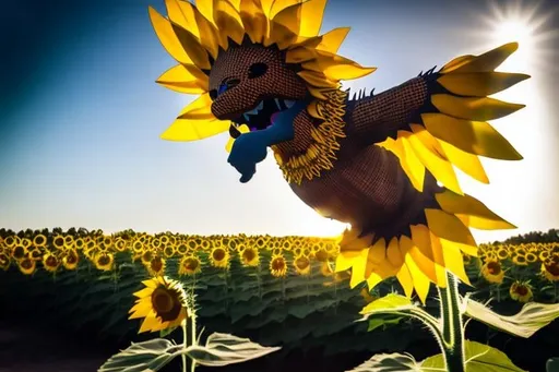 Prompt: Sunflower dragon flying over the sunflower forest