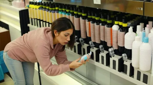 Prompt: woman in the food dispensers store. Instead of food is shampoo and beauty products