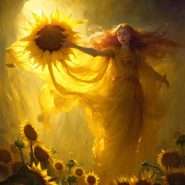 Prompt: Sunflower lady with a yellow robes as a d & d character, yellow robe, magical, golden higlights, magic concept aesthetic, golden mistery aura, concept sheet, painting by gaston bussiere, dramatic lighting, yellow lighting, little sunflowers, interesting, sunflower face, yellow aura, legends, elegant, sunflower face, arcane