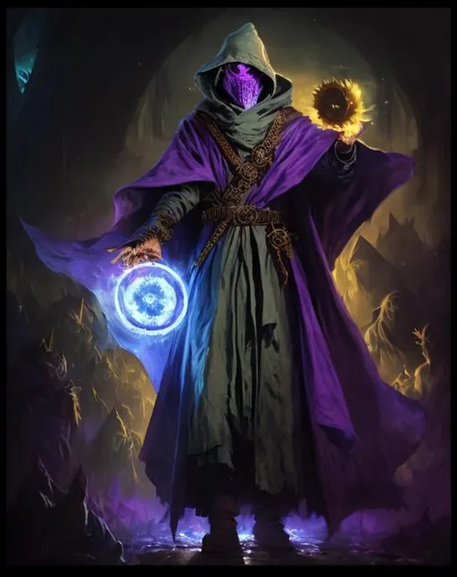Prompt: A plague sunflower doctor with a blue wizard robes as a d & d character, blue robe, magical, blue higlights, hip hop concept aesthetic, purple evil aura, concept sheet, painting by gaston bussiere, dramatic lighting, purple lighting, evil sunflowers, toxic, poison, doctor