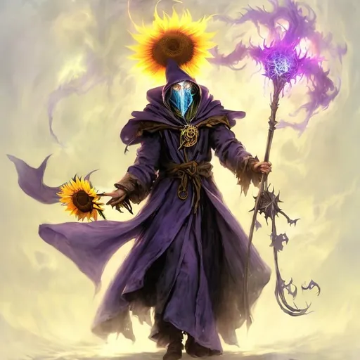 Prompt: A plague sunflower doctor with a blue wizard robes as a d & d character, blue robe, magical, blue higlights, hip hop concept aesthetic, purple evil aura, concept sheet, painting by gaston bussiere, dramatic lighting, purple lighting, evil sunflowers, toxic, poison, doctor, magic sunflower scepter, sunflower face, purple aura, elegant