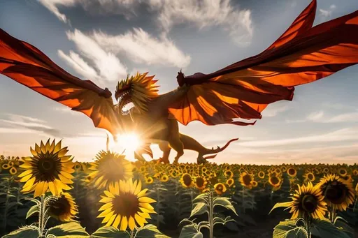 Prompt: red Sunflower dragon flying over the sunflower forest