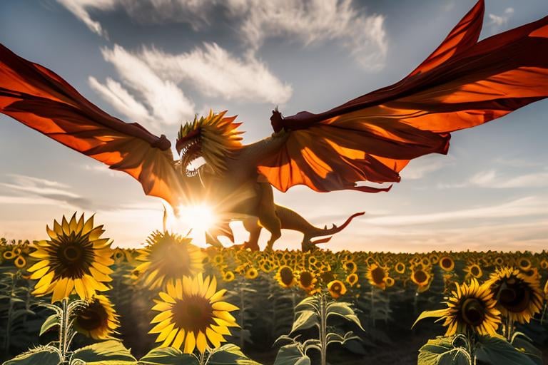 Prompt: red Sunflower dragon flying over the sunflower forest