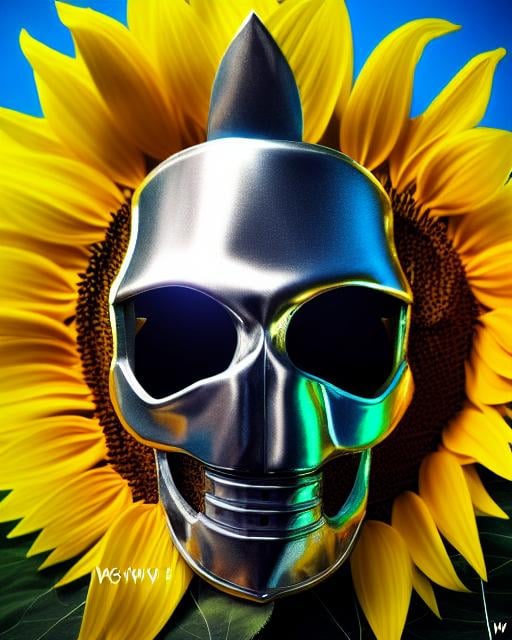 Prompt: Sunflower knight man, silver armor, blue highlights, silver lights, blue robe, light blue and silver chains, sunflowers with blue electric aura, concept, silver and blue plague mask, skull belt, detailed, blue escence sword, 4K resolution, artstation, highly detailed, artgerm, by wlop, volumetric lighting, octane render, trending on artstation, masterpiece, golden sunflower aura