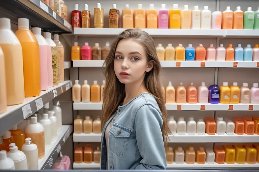 Prompt: girl in the food dispensers store. Instead of food is shampoo and beauty products