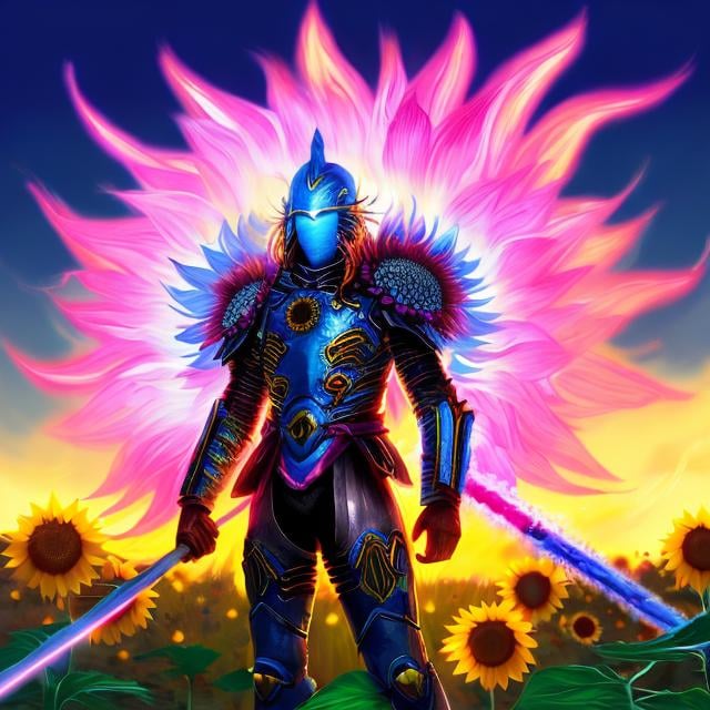 Prompt: Sunflower magic man warrior, blue highlights, mystic, pink neon thunder sunflower, pink fire light, detailed, metal pink armor, magic mist, the warrior is in a pink valley highlights with pink sunflowers in the valley, pink air essence, pink sunflower lantern, war, pink flamethrower sunflower 