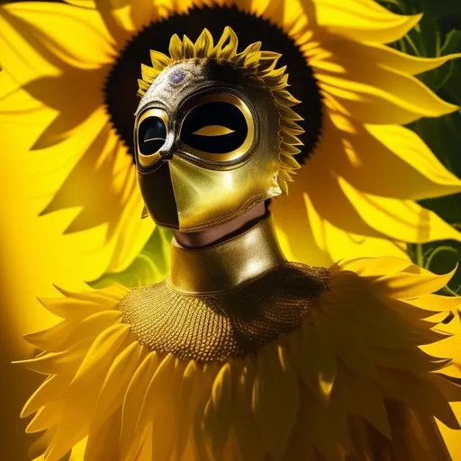 Prompt: Sunflower king, golden clothes, silver mask in the face, green lighting, purple highlights, yellow aura, concept, majestic, small sunflowers