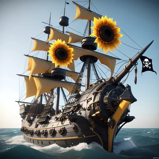 Prompt: sunflower warship, pirate, sunflower war ship, concept sheet, 4K resolution, artstation, highly detailed, artgerm, by wlop, volumetric lighting, octane render, trending on artstation, masterpiece, fantastic, warship, sunflower