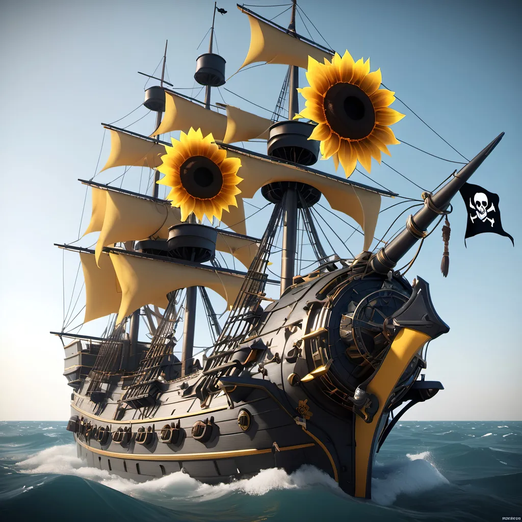 Prompt: sunflower warship, pirate, sunflower war ship, concept sheet, 4K resolution, artstation, highly detailed, artgerm, by wlop, volumetric lighting, octane render, trending on artstation, masterpiece, fantastic, warship, sunflower